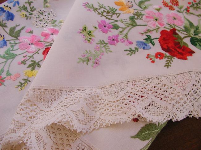 Really breathtaking tablecloth with hand-embroidered flowers and butterflies