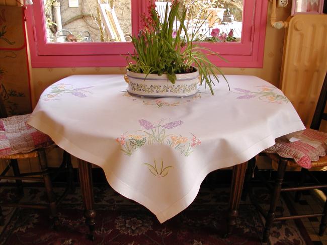 Lovely tablecloth with hand-embroidered hyacinths, crocus and spring flowers