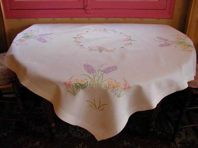 Lovely tablecloth with hand-embroidered hyacinths, crocus and spring flowers