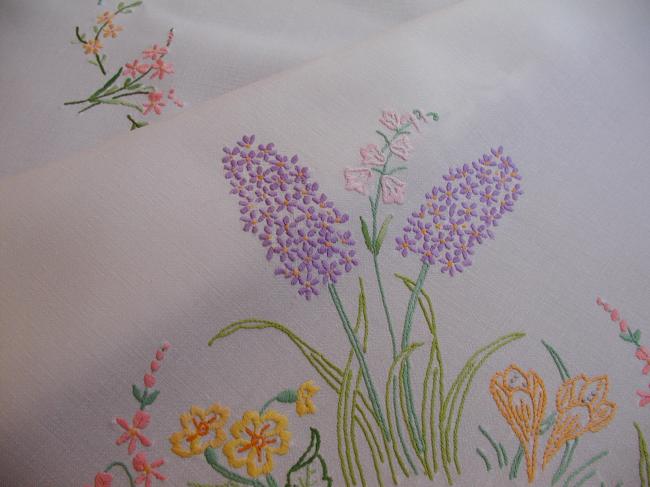 Lovely tablecloth with hand-embroidered hyacinths, crocus and spring flowers