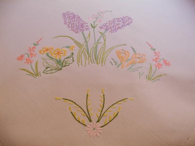 Lovely tablecloth with hand-embroidered hyacinths, crocus and spring flowers