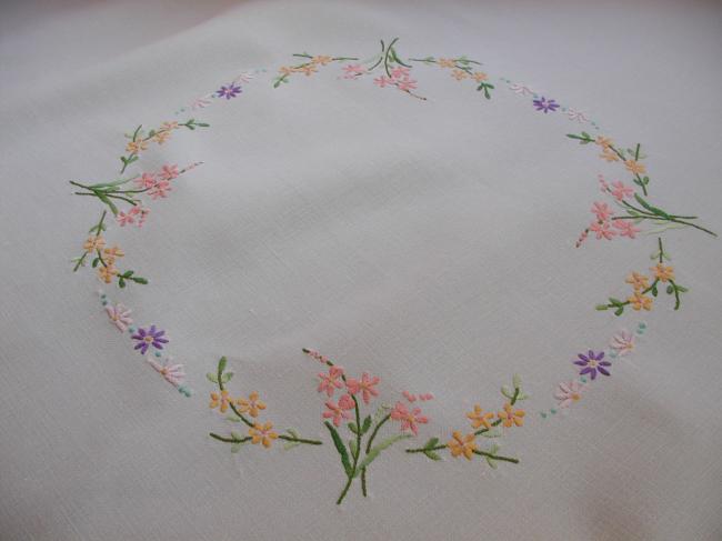 Lovely tablecloth with hand-embroidered hyacinths, crocus and spring flowers