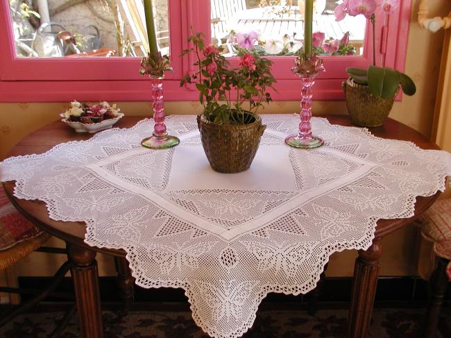 Striking tablecloth with inserts and crochet lace with lots of butterflies 1900