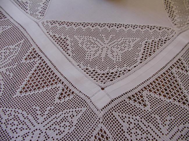 Striking tablecloth with inserts and crochet lace with lots of butterflies 1900