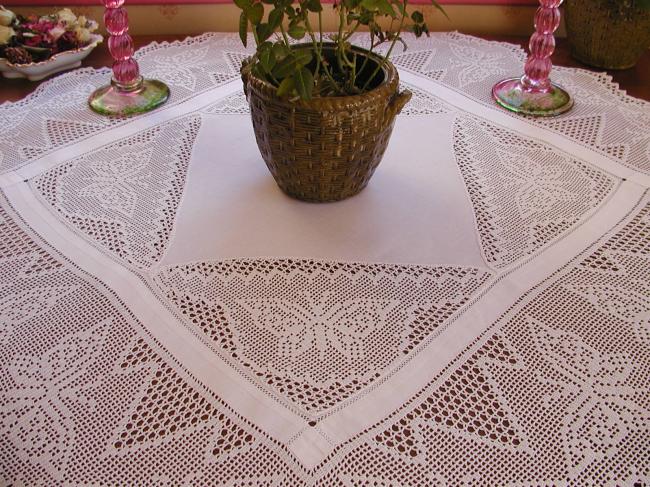 Striking tablecloth with inserts and crochet lace with lots of butterflies 1900