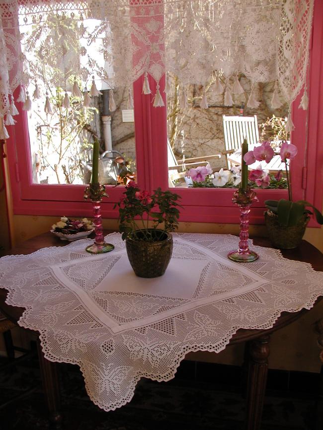 Striking tablecloth with inserts and crochet lace with lots of butterflies 1900