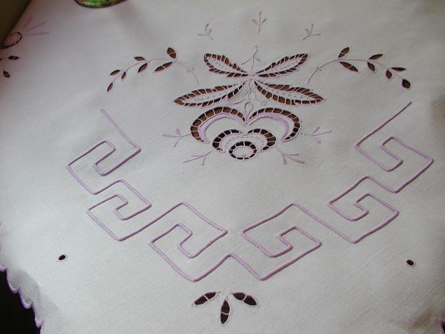 Lovely  tablecloth with Richelieu openwork in mauve color