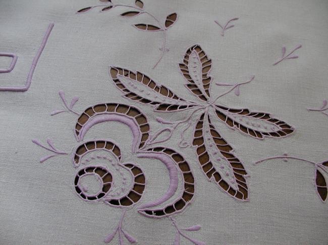 Lovely  tablecloth with Richelieu openwork in mauve color