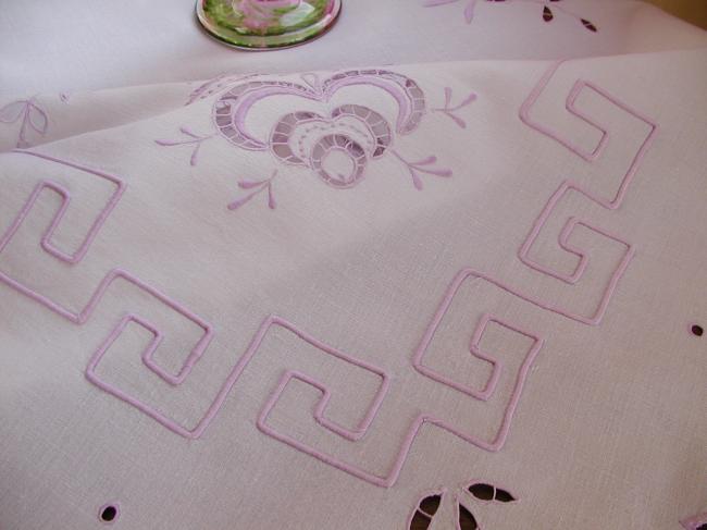 Lovely  tablecloth with Richelieu openwork in mauve color