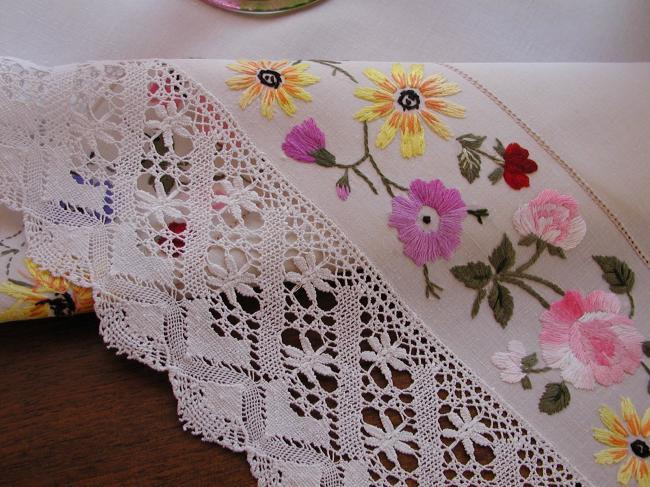 Really romantic tablecloth with hand-embroidered flowers and lace edging