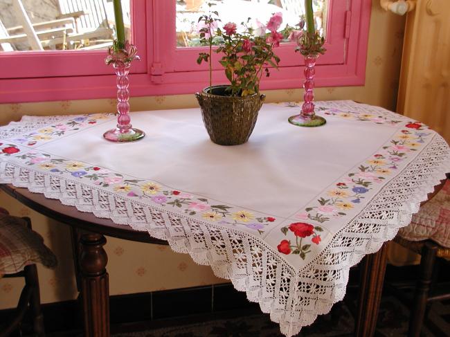 Really romantic tablecloth with hand-embroidered flowers and lace edging