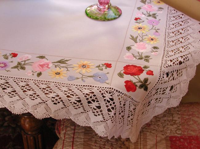 Really romantic tablecloth with hand-embroidered flowers and lace edging