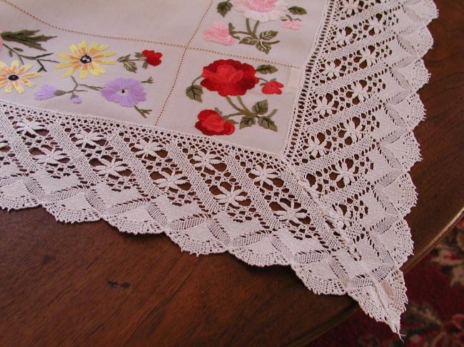 Really romantic tablecloth with hand-embroidered flowers and lace edging