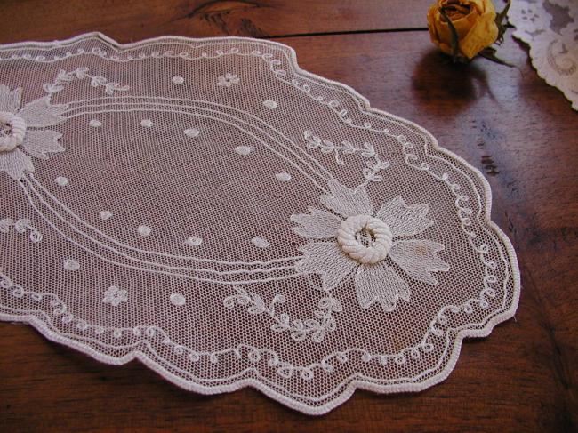 Superb little oval doily in net needle run lace 1920