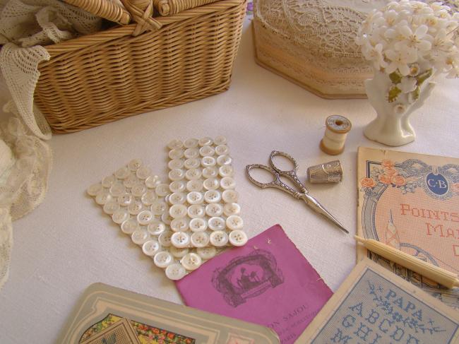 Antique card with 36 engraved buttons in mother of pearl, 1900 (13mm 4 holes)