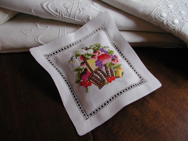 Romantic lavander sachet with hand-embroidered basket of flowers