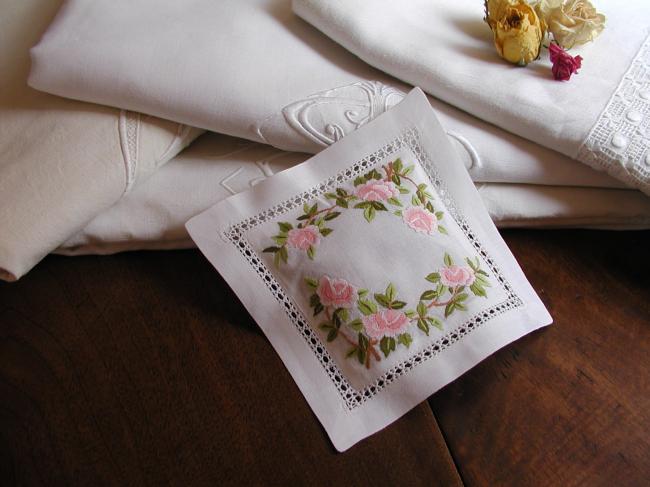 3 Lovely lavander sachet with hand-embroidered roses and foliage