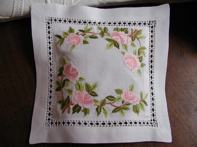 3 Lovely lavander sachet with hand-embroidered roses and foliage