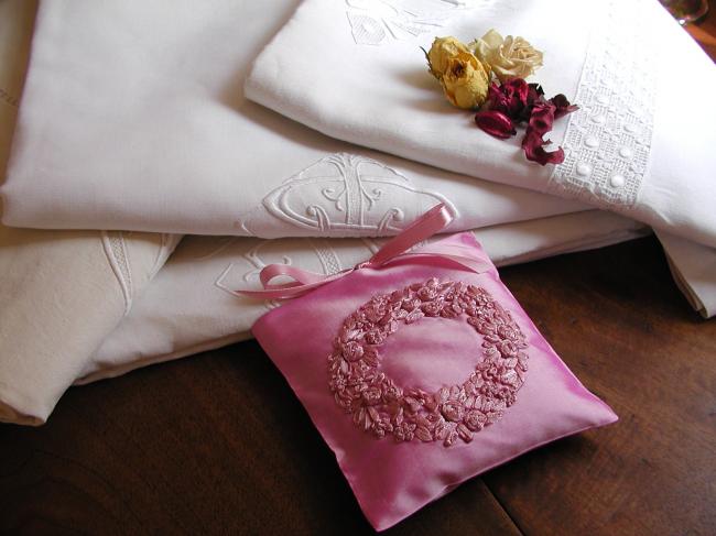 2 Luxuroux silk taffetas lavander sachet, hand embroidered ribbons crown flowers