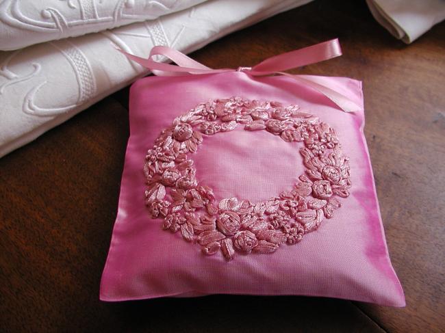 2 Luxuroux silk taffetas lavander sachet, hand embroidered ribbons crown flowers