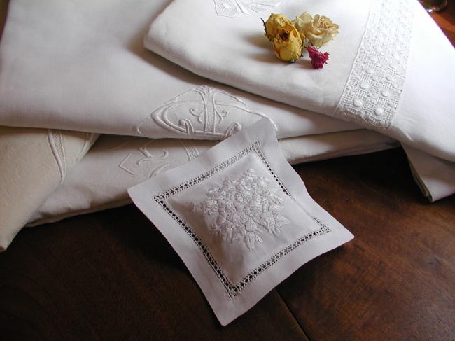 Sweet lavander sachet with hand-embroidered white daisies and foliage