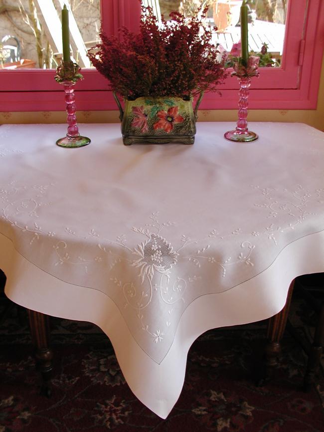 Wonderful tablecloth with drawn thread and  exquisite white works 1900