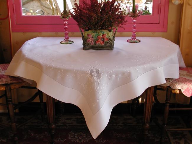 Wonderful tablecloth with drawn thread and  exquisite white works 1900