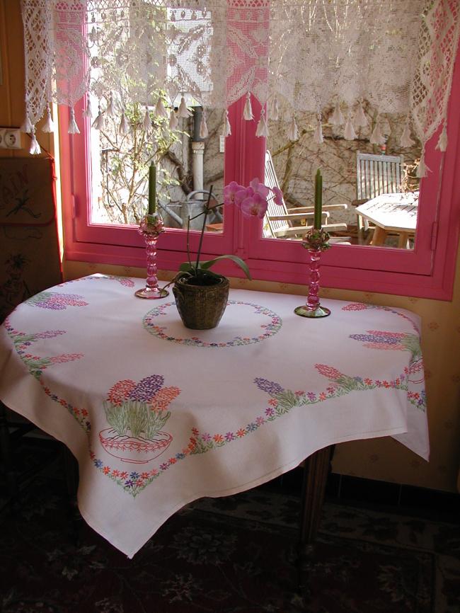 Really beautiful tablecloth with hand-embroidered hyacinths bowls