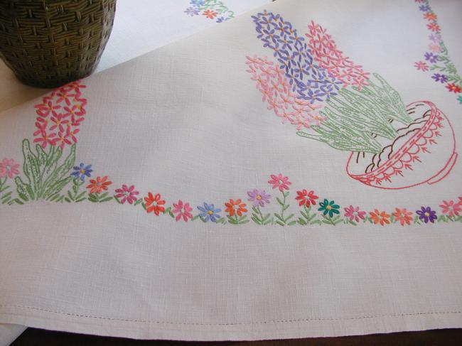 Really beautiful tablecloth with hand-embroidered hyacinths bowls