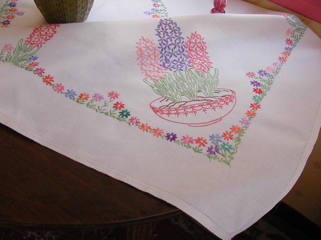 Really beautiful tablecloth with hand-embroidered hyacinths bowls