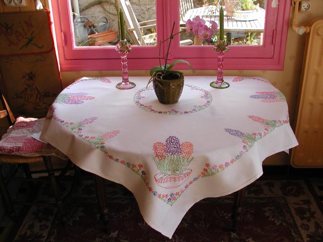 Really beautiful tablecloth with hand-embroidered hyacinths bowls