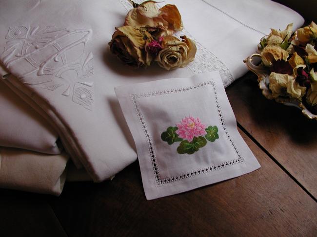 Lovely lavander sachet with hand-embroidered pink waterlily