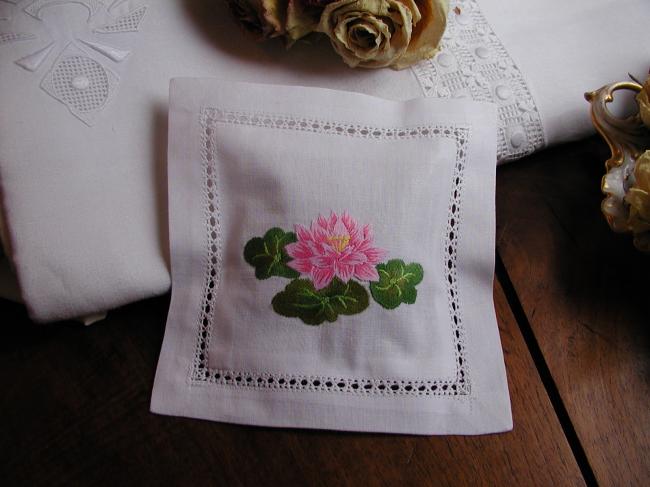 Lovely lavander sachet with hand-embroidered pink waterlily