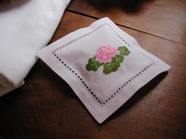 Lovely lavander sachet with hand-embroidered pink waterlily