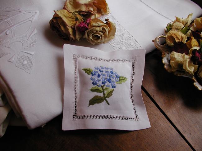 Lovely lavender sachet with hand-embroidered  blue hydrangea