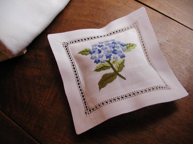 Lovely lavender sachet with hand-embroidered  blue hydrangea