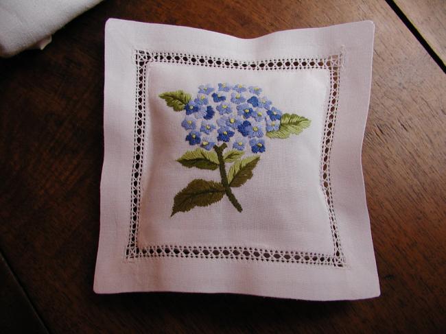 Lovely lavender sachet with hand-embroidered  blue hydrangea