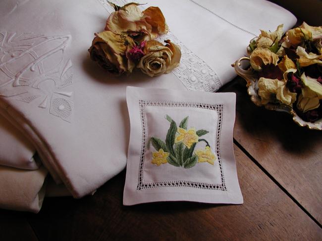 Sweet lavander sachet with hand-embroidered daffodils bouquet