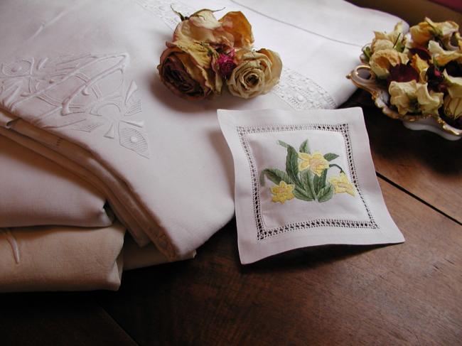 Sweet lavander sachet with hand-embroidered daffodils bouquet