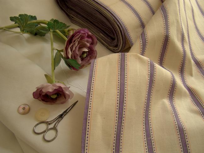 Superb fabric in pure ecru linen with purple stripes 1930