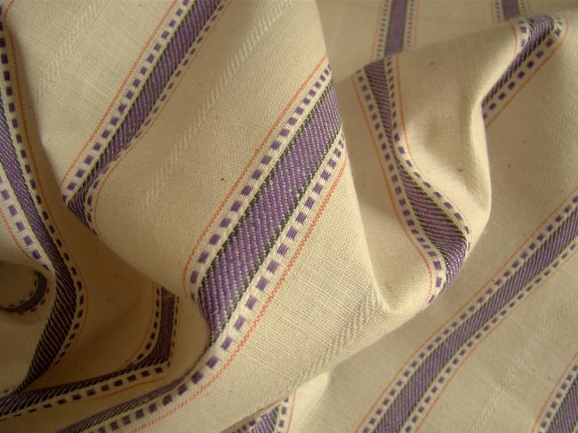 Superb fabric in pure ecru linen with purple stripes 1930