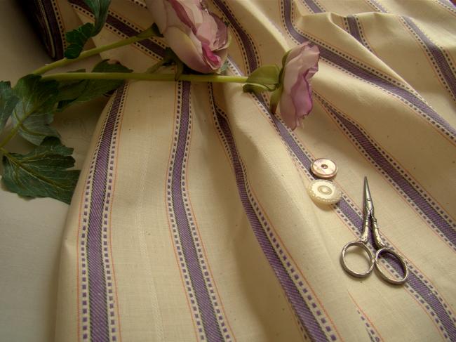 Superb fabric in pure ecru linen with purple stripes 1930