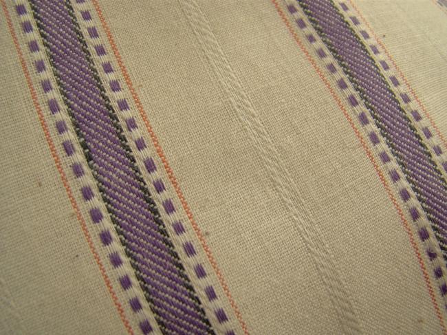 Superb fabric in pure ecru linen with purple stripes 1930