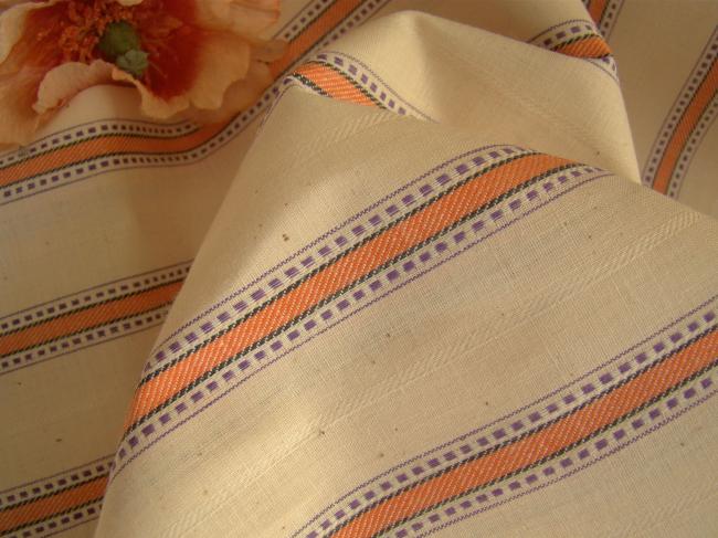 Superb fabric in pure ecru linen with purple and orange stripes 1930