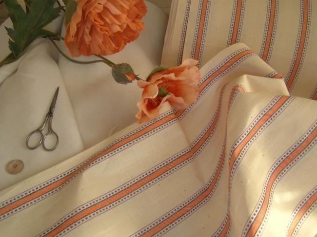 Superb fabric in pure ecru linen with purple and orange stripes 1930