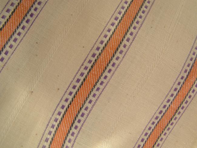 Superb fabric in pure ecru linen with purple and orange stripes 1930