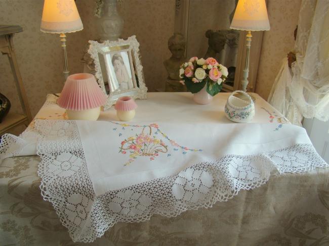 Really pretty tablecloth with hand-embroidered baskets of flowers and lace