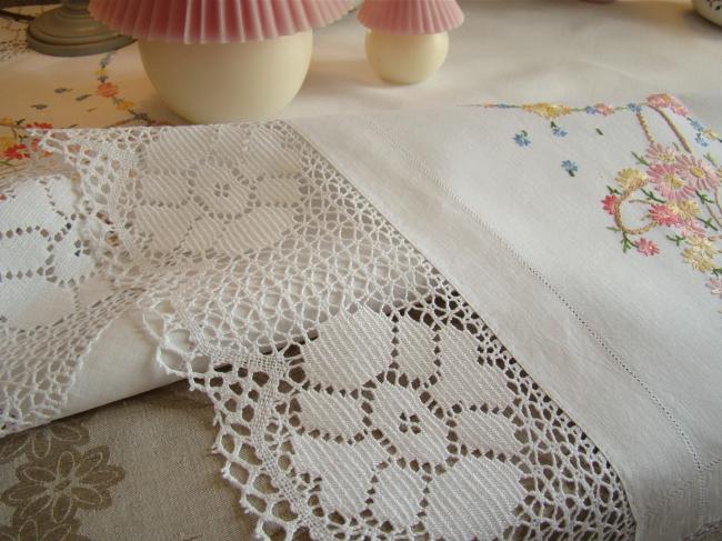 Really pretty tablecloth with hand-embroidered baskets of flowers and lace