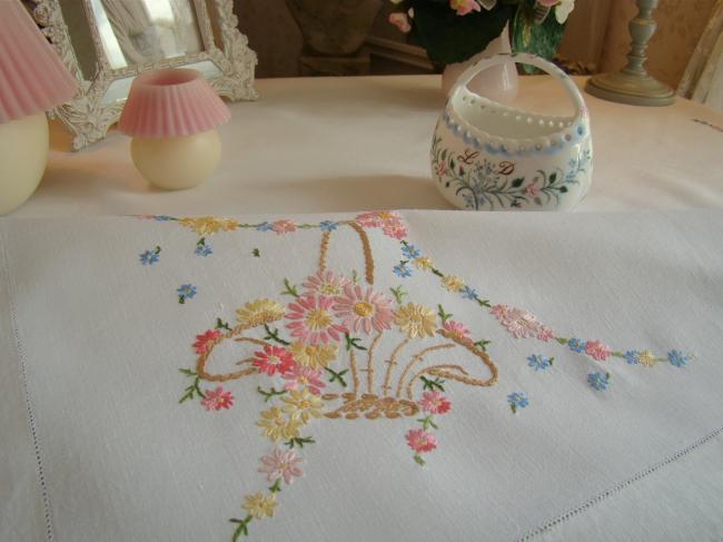 Really pretty tablecloth with hand-embroidered baskets of flowers and lace