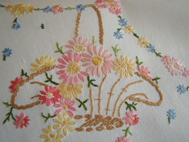 Really pretty tablecloth with hand-embroidered baskets of flowers and lace